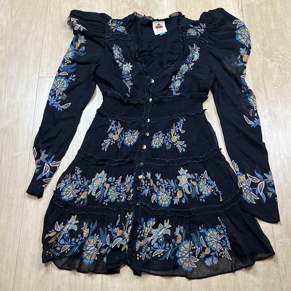 FARM RIO Floral-Embroidered Long-Sleeve Minidress, SiZE SMALL 1363 - Picture 6 of 11